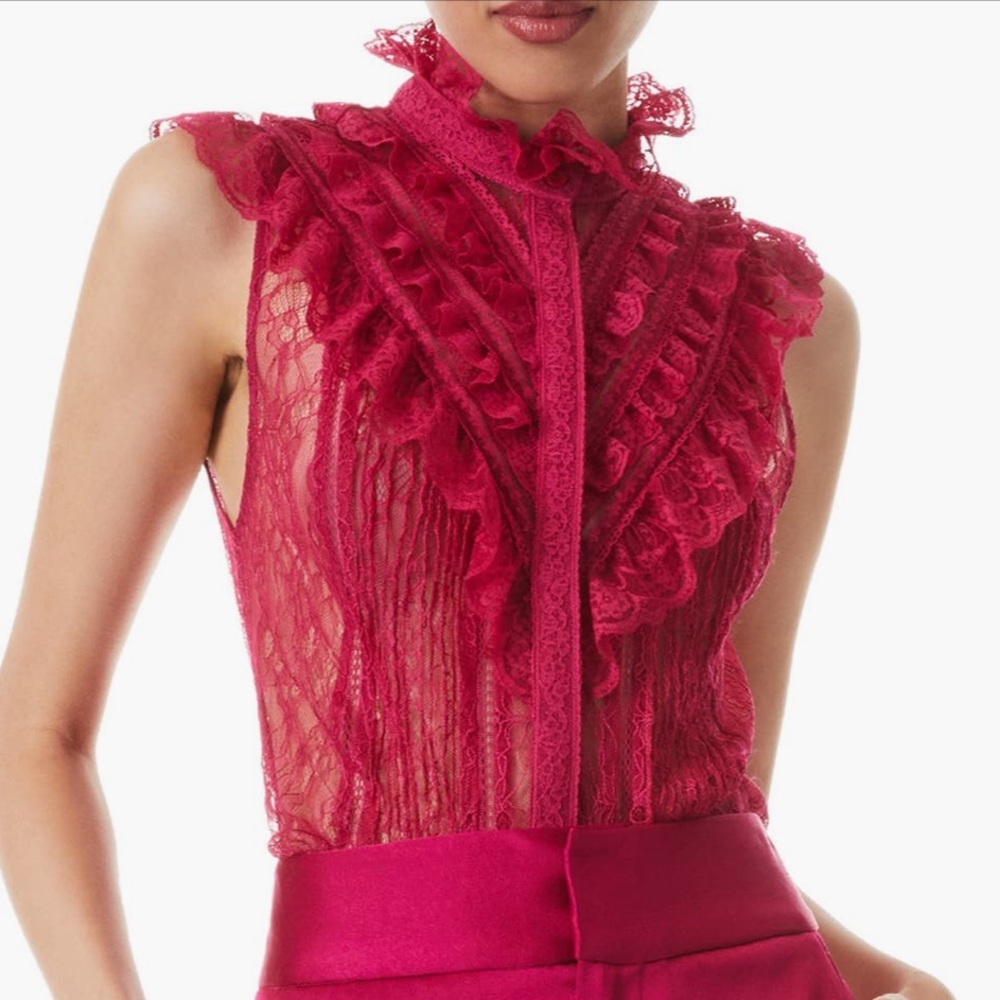 Alice + Olivia Rheba Lace Ruffle Stretch Cotton Blouse